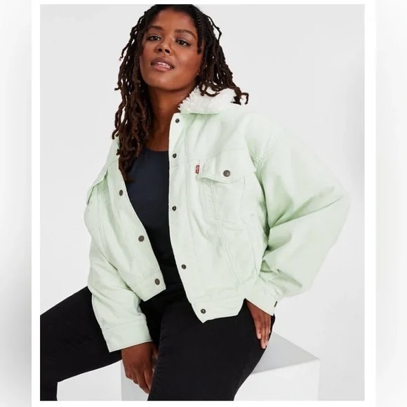 Levi's Mint Green Corduroy Sherpa Collar Cropped Trucker Jacket Grunge EUC XL - Picture 2 of 11